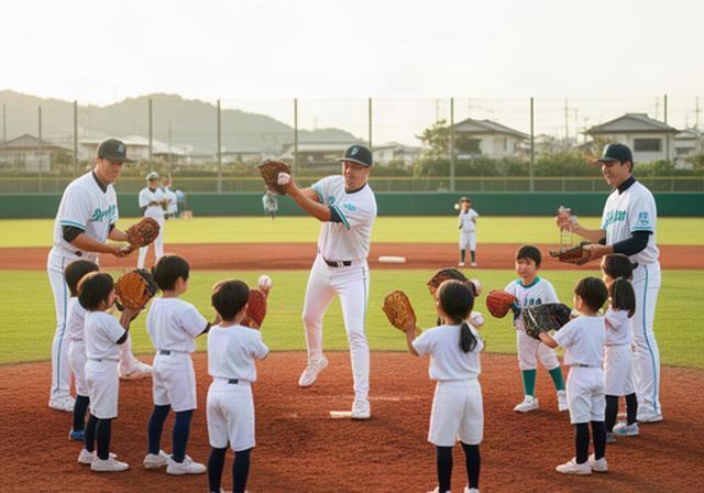 筑紫野市のグラウンドで選手が少年たちに野球を教える地域交流の風景