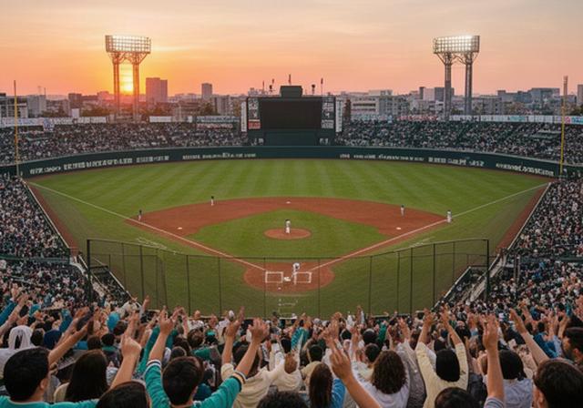 夕暮れの野球場でホームゲームを応援する観客席と内野グラウンド